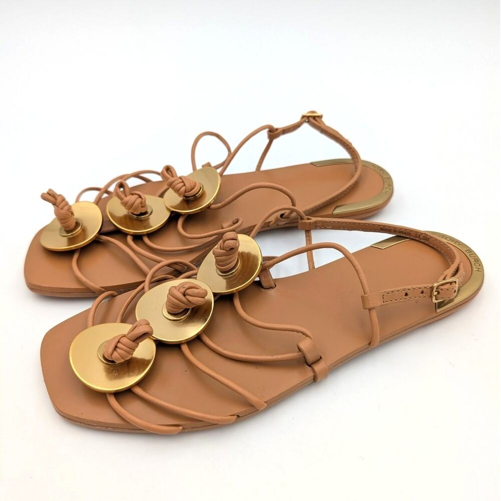 Tory Burch Artisanal Knotted Leather Sandal Elba Camello Goldtone Size US5M EU36